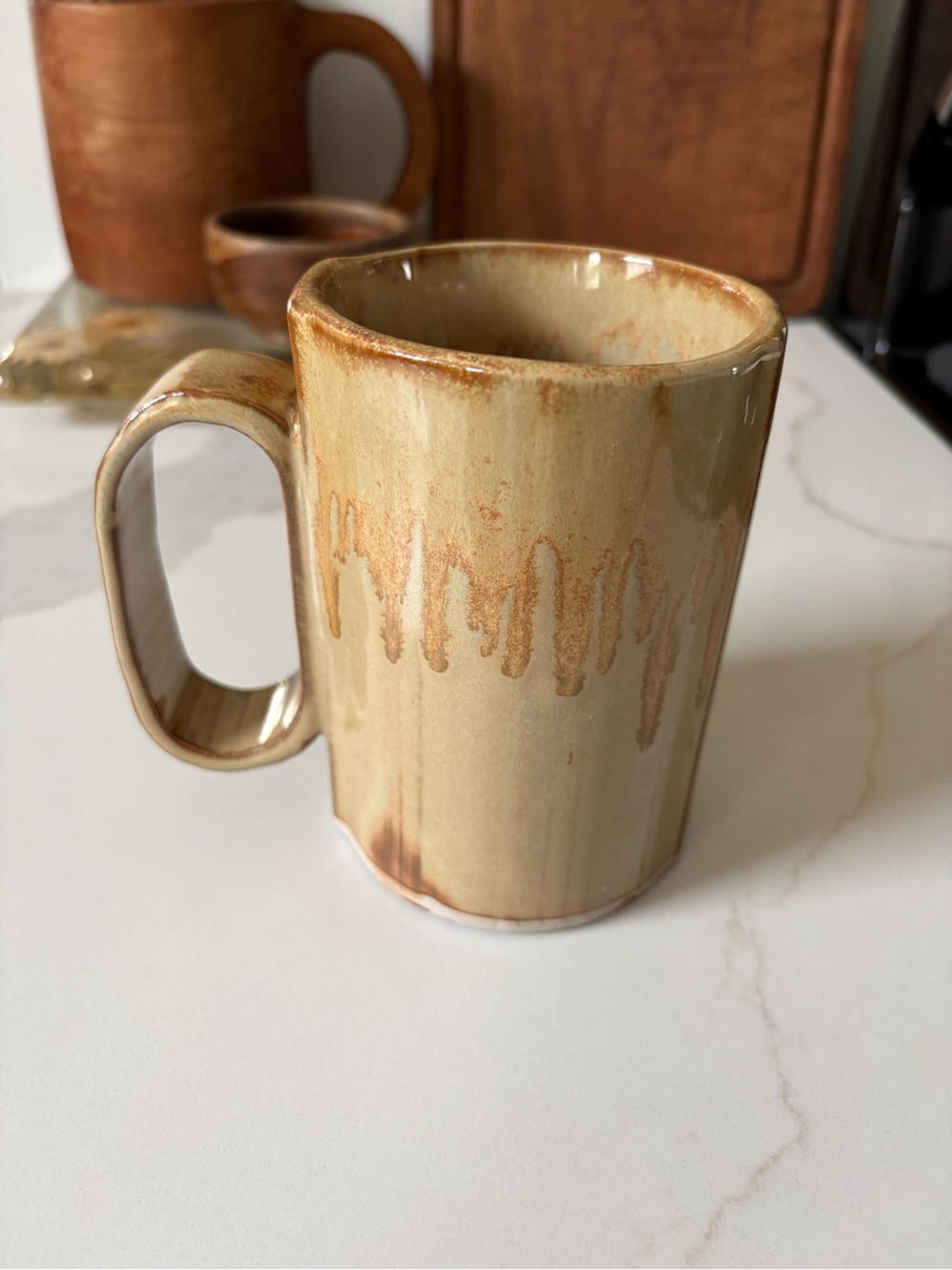 Glazed Stoneware Mug Large 16oz Warm Beige with Brown Drip EUC